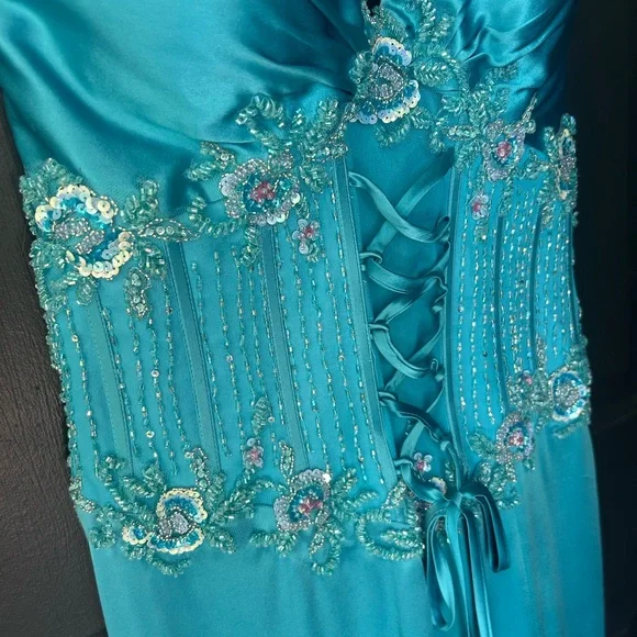 Turquoise Blue Silk Corset Halter Evening Prom Gown - Picture 7 of 16